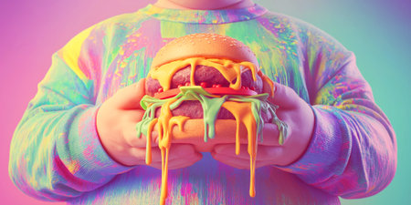 colorful surreal burger with rainbow cheese and dripping pastel sauces, held by a person in a shirtの素材