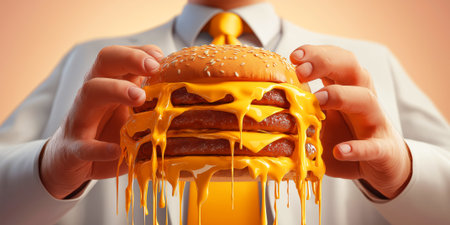 Surreal image of extremely obese man holding oversized dripping burger with exaggerated layers, cheese and sauce flowing like waterfallの素材