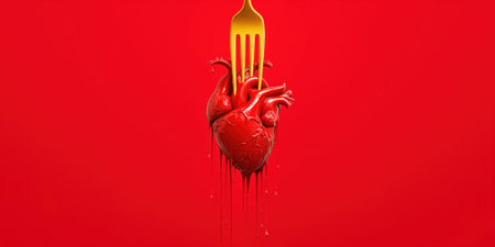 Creative social ad concept: human heart pierced by giant dripping fork with fast food, bright red background, minimalistic shocking designの素材