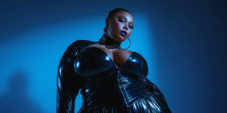 glamorous and confident plus size woman in a dramatic fashion shoot, glossy dress, sensual yet elegant studio lookの素材