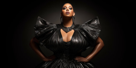 Plus-size model with exaggerated curves posing in glossy latex couture dress, bold makeup, dramatic fashion lightingの素材