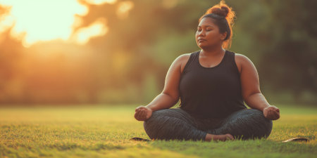 candid horizontal photo of a plus size woman meditating in a grassy field at sunrise, promoting mindfulness, body positivityの素材