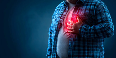 horizontal candid image of overweight man in plaid shirt clutching his chest, depicting concept of heart attack or cardiac pain with glowing red highlightの素材