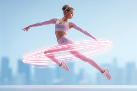 studio image of sporty woman performing an athletic leap surrounded by futuristic light trails, symbolizing speed and movementの素材