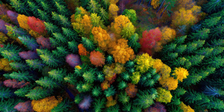 aerial view of a dense autumn forest, vibrant foliage in shades of orange, yellow, red, and green, natural texture, top-down perspective, high detail, colorful treetopsの素材