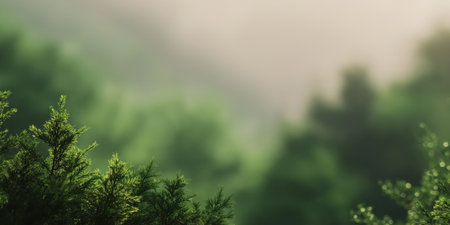 panoramic blurry forest background with sunlight bokeh and soft glowing light through trees.の素材