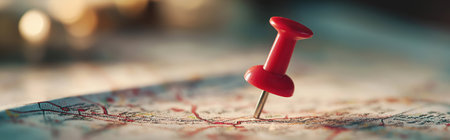 macro photograph of a red thumbtack pinpointing a location on a printed map. useful concept for travel, navigation, logistics or planning themesの素材