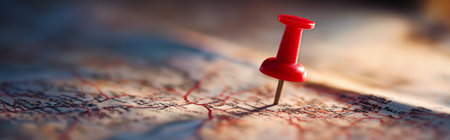 selective focus shot of a red marker placed in a route on a geographic map, representing destination, direction, or exploration.の素材