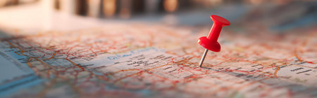 concept image of mapping, orientation, or journey planning with red tack in focus and soft bokeh background.の素材