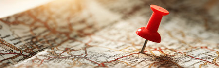 a red thumbtack placed on a paper map representing travel direction, location marking, or logistics concept. soft focus and warm light add atmosphere.の素材