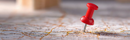A close-up of a detailed paper road map with a red push pin marking a location, shallow depth of field, soft focus background,の素材