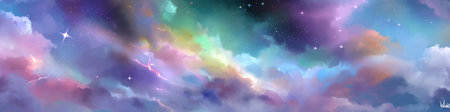 fantasy sky panorama with colorful clouds and stars.の素材