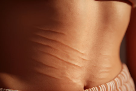 candid detail of skin texture and stretch marks on a woman s bellyの素材