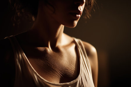 close-up of a female abdomen with natural stretch marks in warm lightingの素材