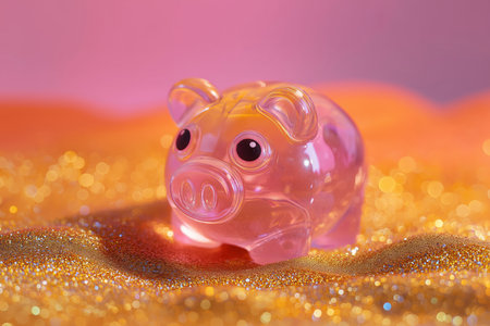 creative concept of financial savings with a glass piggy bank and neon colorsの素材