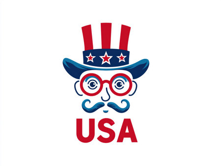 stylized illustration of uncle sam face with top hat and usa text on white backgroundの素材