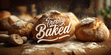freshly baked artisan bread with flour and letteringの素材