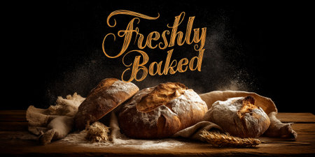 rustic bread with freshly baked text in warm tonesの素材