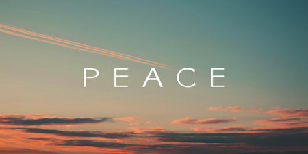PEACE written in sky using airplane trails, minimal gradient pastel sky with one paper crane flyingの素材
