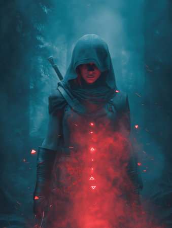 A hooded female assassin stands in a dark, foggy forest. Red glowing particles and mystical energy rise from her bodyの素材
