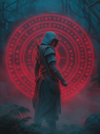 A fantasy-inspired character dressed in dark clothing with a hood obscuring her face. She holds a sword on her back and stands in a shadowy forest, with red glowing symbols and smoke-like energy around her.の素材