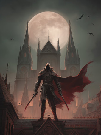 Silhouette of a mysterious warrior with a hooded cloak and red cape, standing against a full moon and towering gothic cathedral.の素材