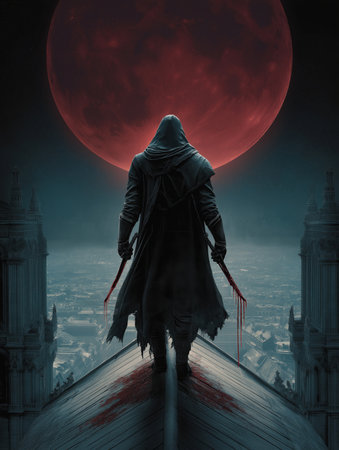 A dark, cinematic character in fantasy gear stands on a gothic tower, silhouetted by the glowing full moon.の素材