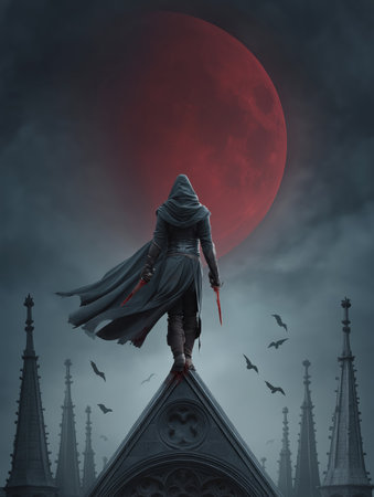 The action takes place with the Assassin against the backdrop of a towering cathedral with impressive architecture, creating a cinematic atmosphere of dark fantasyの素材