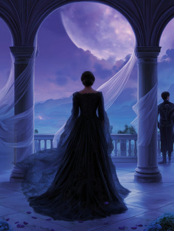 A woman in a black lace dress and a man in dark armor stand in front of a gothic castle under the full moonの素材