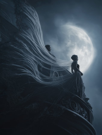 Mysterious fantasy characters in a dramatic night scene with gothic architecture, full moon, and flowing black fabric.の素材