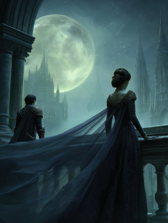 Elegant female figure and armored warrior in a dark fantasy world, illuminated by moonlight.の素材