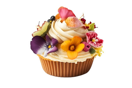 Spring holiday cupcakes with flowers and sprinkles on a white isolated backgroundの素材