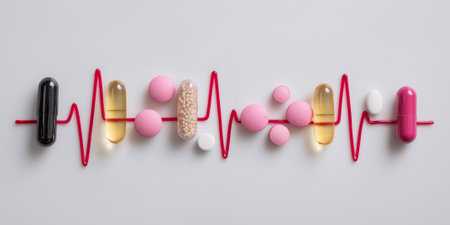 pills and capsules in red, blue and white colors forming an ecg line, representing the concept of medical treatment and pharmacyの素材