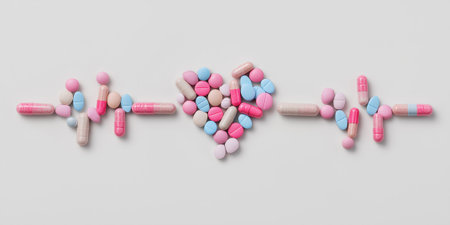 pharmaceutical flat lay depicting an abstract pulse line, combining healthcare symbolism and minimalismの素材