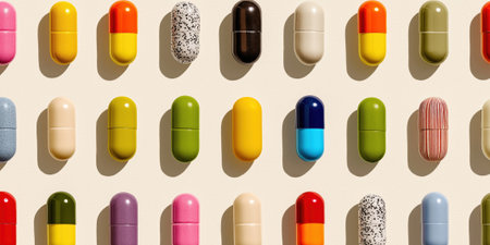 abstract concept of pills and medication shown through vibrant, glossy capsules on neutral backgroundの素材
