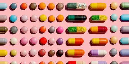 organized pattern of pharmaceutical pills and capsules sorted by color and shape, grid layout on white backgroundの素材