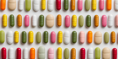 pharmaceutical art image featuring colorful capsule pills arranged in a symmetrical layout, ideal for medical or healthcare themesの素材