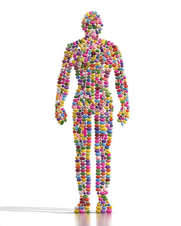 human figure made entirely of colorful capsules and pillsの素材