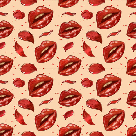 seamless pattern of glossy red lips, flower petals and lipstick smearsの素材