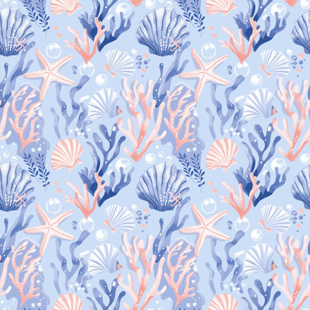 decorative ocean background with coral reef elements and marine motifs, seamless and colorfulの素材