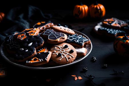 creative halloween snacks with a candid vibe, showing a variety of scary and funny cookies perfect for october 31st celebrationの素材