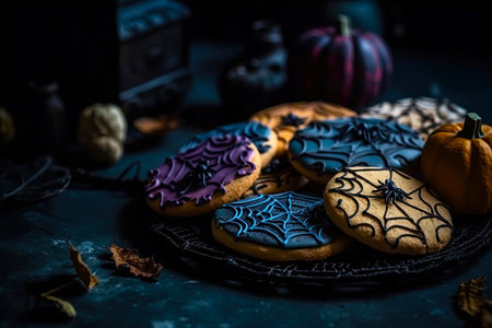 creative halloween snacks with a candid vibe, showing a variety of scary and funny cookies perfect for october 31st celebrationの素材