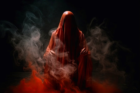 dark and mysterious hooded figure in a red cloak surrounded by smoke on black background, creating a surreal and eerie atmosphereの素材