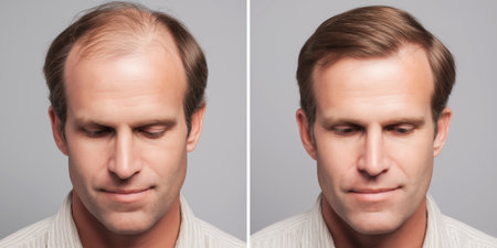 before and after image of a middle-aged man showing visible hair restoration results, with improved density and a fuller hairlineの素材