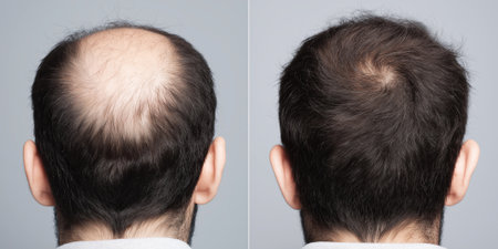 clear transformation of hair density and volume on a male scalp, demonstrating success of a modern hair regrowth procedureの素材