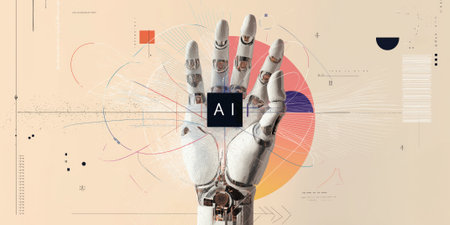 a cybernetic hand with an ai emblem in the palm, glowing neon orbit lines and colorful abstract shapes representing advanced technology and digital transformationの素材