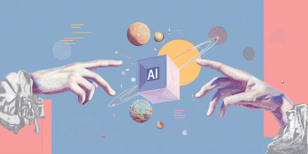 surreal hands interacting with an ai cube, surrounded by floating space-like objects, blending futuristic technology and artistic abstractionの素材