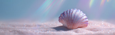 tranquil seaside scene featuring a single seashell on fine beach sand.の素材