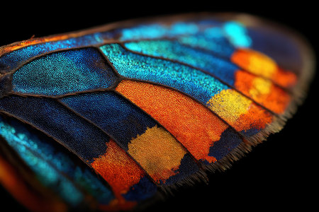 a butterfly wing with bright iridescent scales, showing the colorful and symmetrical structure of an exotic insectの素材