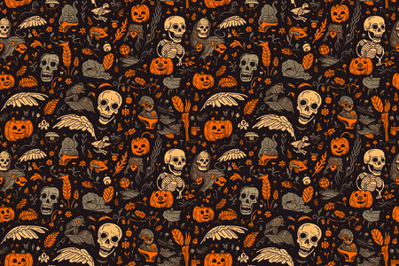seamless halloween pattern with skulls, pumpkins, skeletons, and autumn leaves on a dark background, hand-drawn cartoon styleの素材